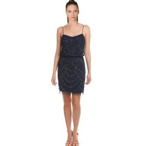 Navy Aidan Mattox Beaded Blouson Cocktail Dress